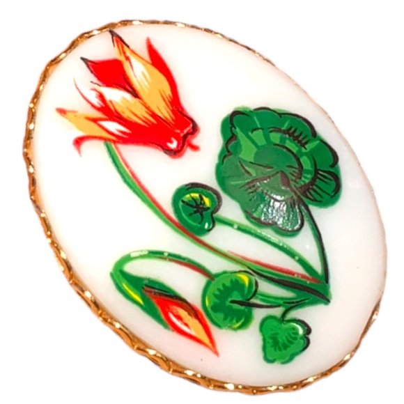 VTG Cloisonne Enamel Water Lilies Green Leaf Colourful Flower Brooch Lapel Pin - Picture 4 of 6